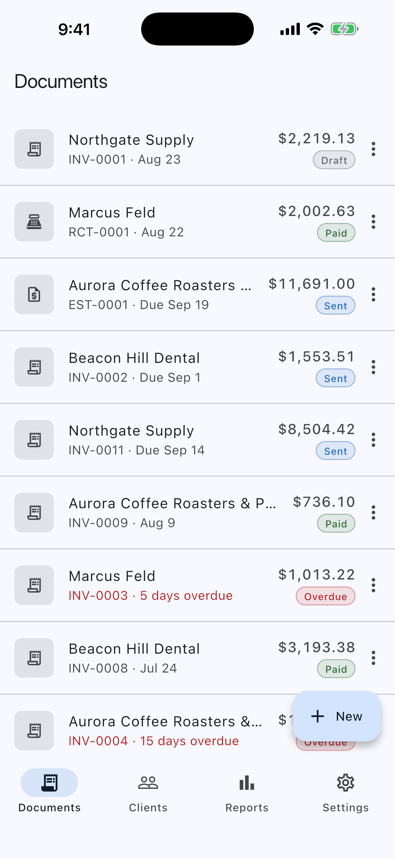 The CustomInvoice documents list: invoices, an estimate and a sale receipt, all issued under your own business identity, each with its number, its date or due date, its amount and a status pill reading Draft, Sent, Paid or Overdue.
